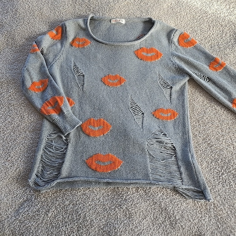 Love Tree Orange Kisses Lips All-Over Print Distressed Ripped Gray Sweater M/L